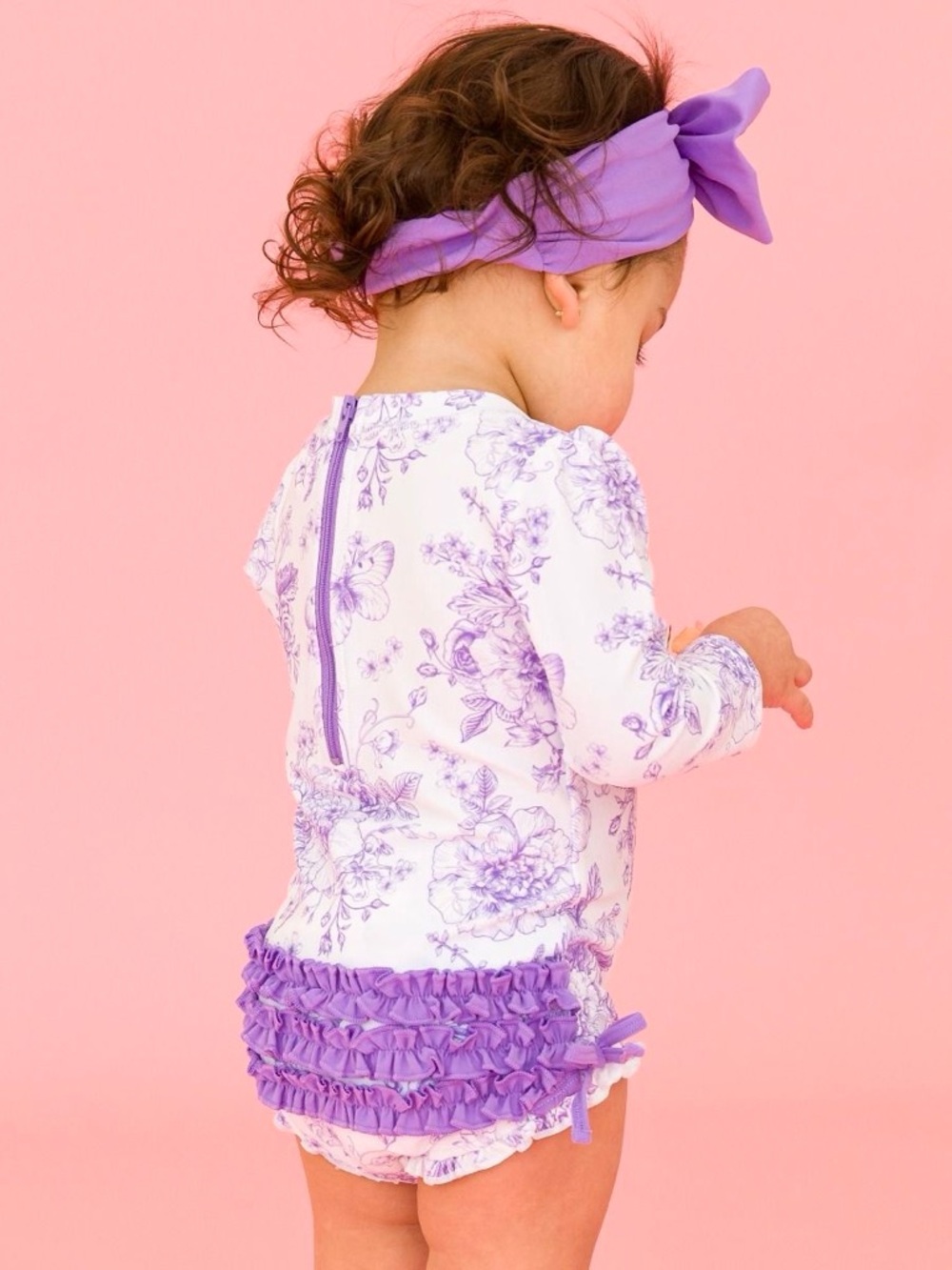 Ruffle Butts Floral Toile Long Sleeve One Piece Rash Guard Swimsuit | 12-18m
